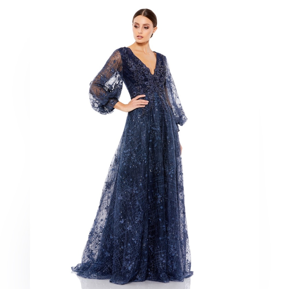 Mac Duggal Embellished‎ Plunge Neck Puff Sleeve A-Line Gown- NwT